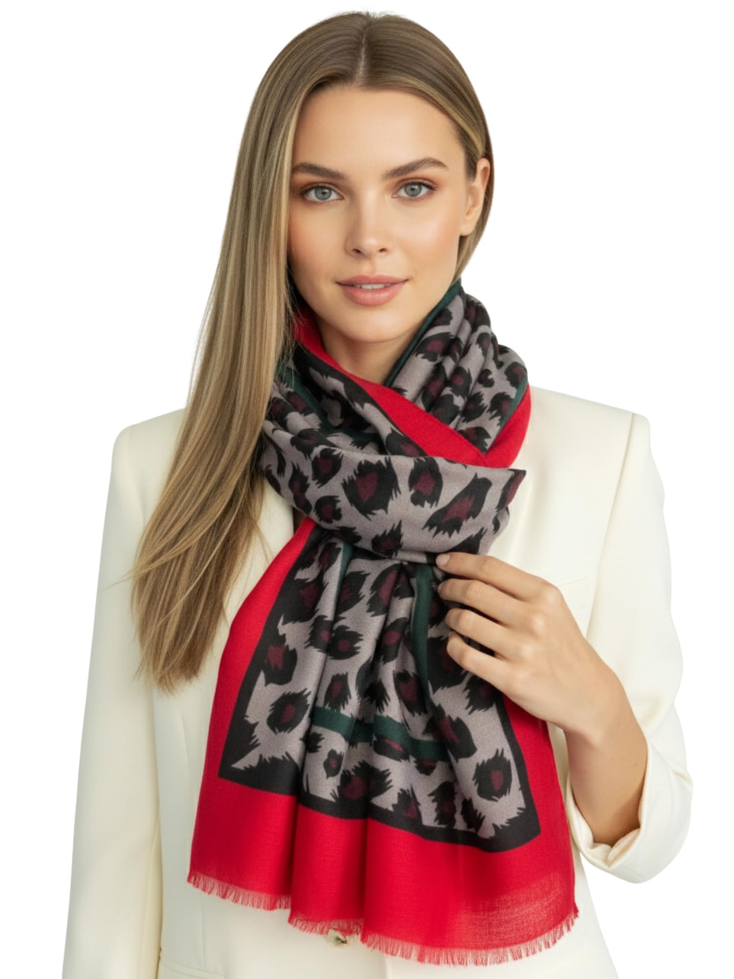 Women Animal Leopard Print Scarf - Ladies Scarves with Stripe, Leopard Print Gifts, Pashmina Shawl, Long Winter Wrap Wearable Blanket, Womens Neck Scarf Shawl Scarfs (Stripe Border: Red)