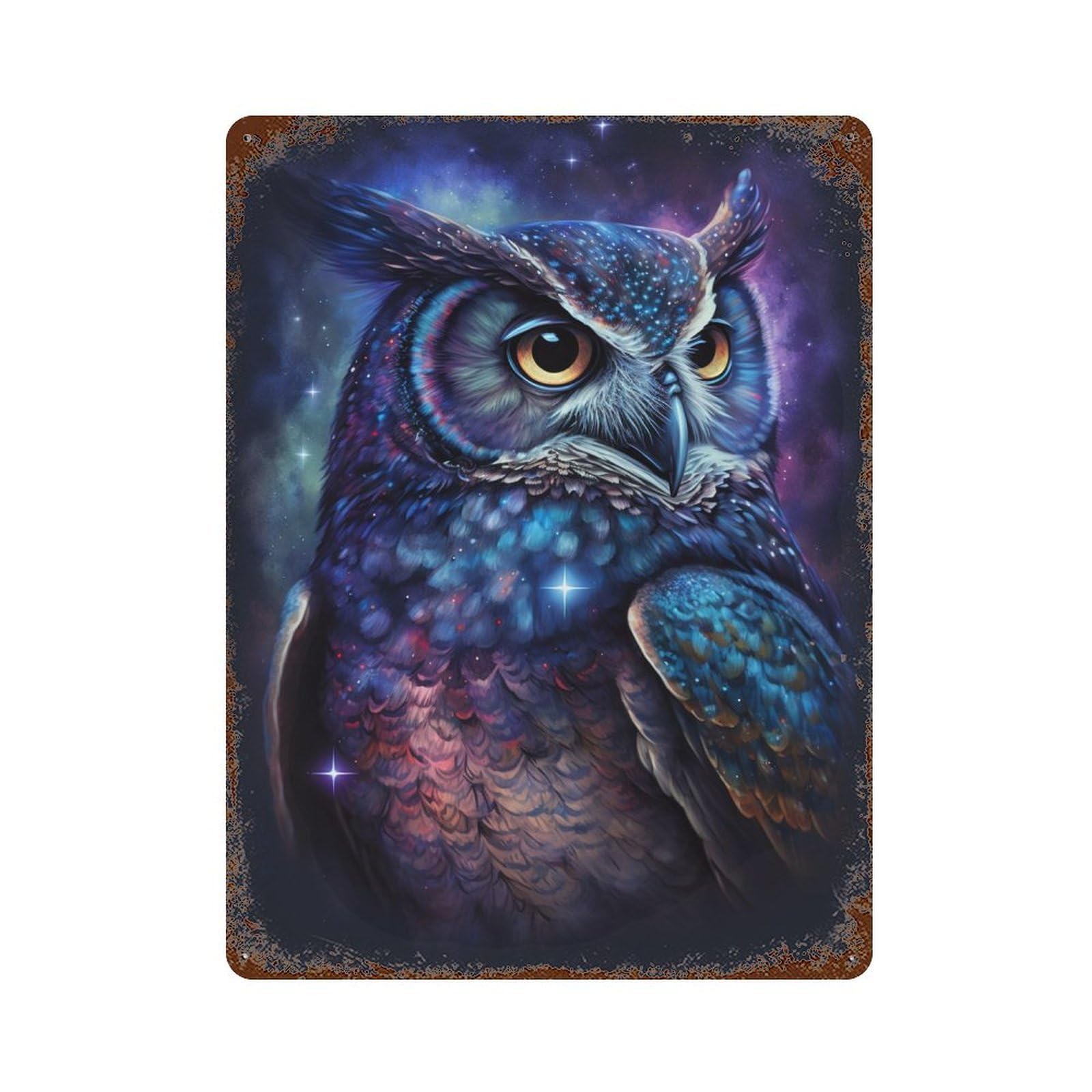Vintage Rust Metal Sign Galactic Owl Art Print-3 15.7"x11.8", Vintage Wall Decor for Office, Studio And Wall Decor