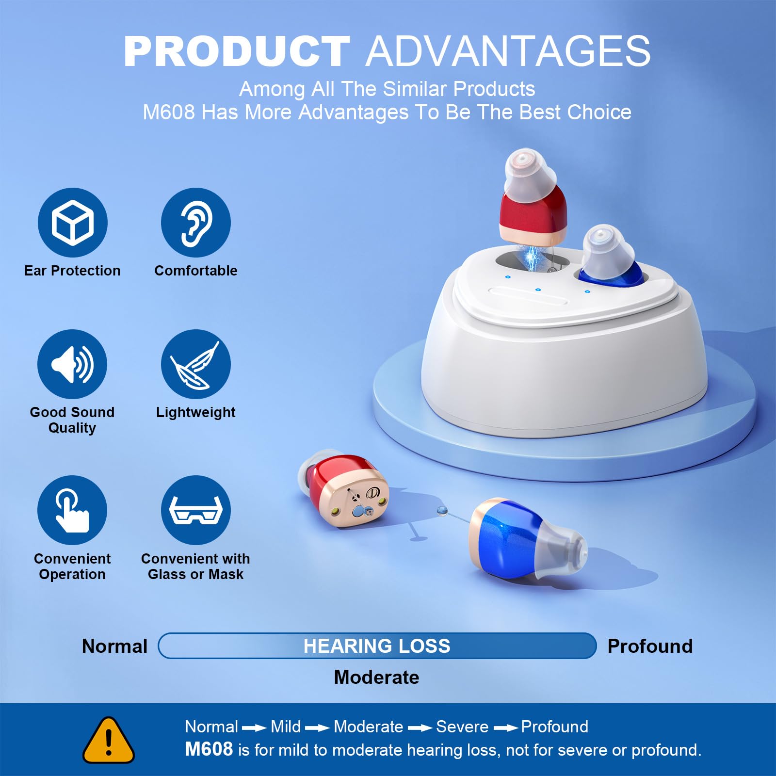 Rechargeable digital hearing aids for seniors, comfortable in-the-ear noise cancelling hearing aids for adults with hearing loss with charging case. (Red Blue)