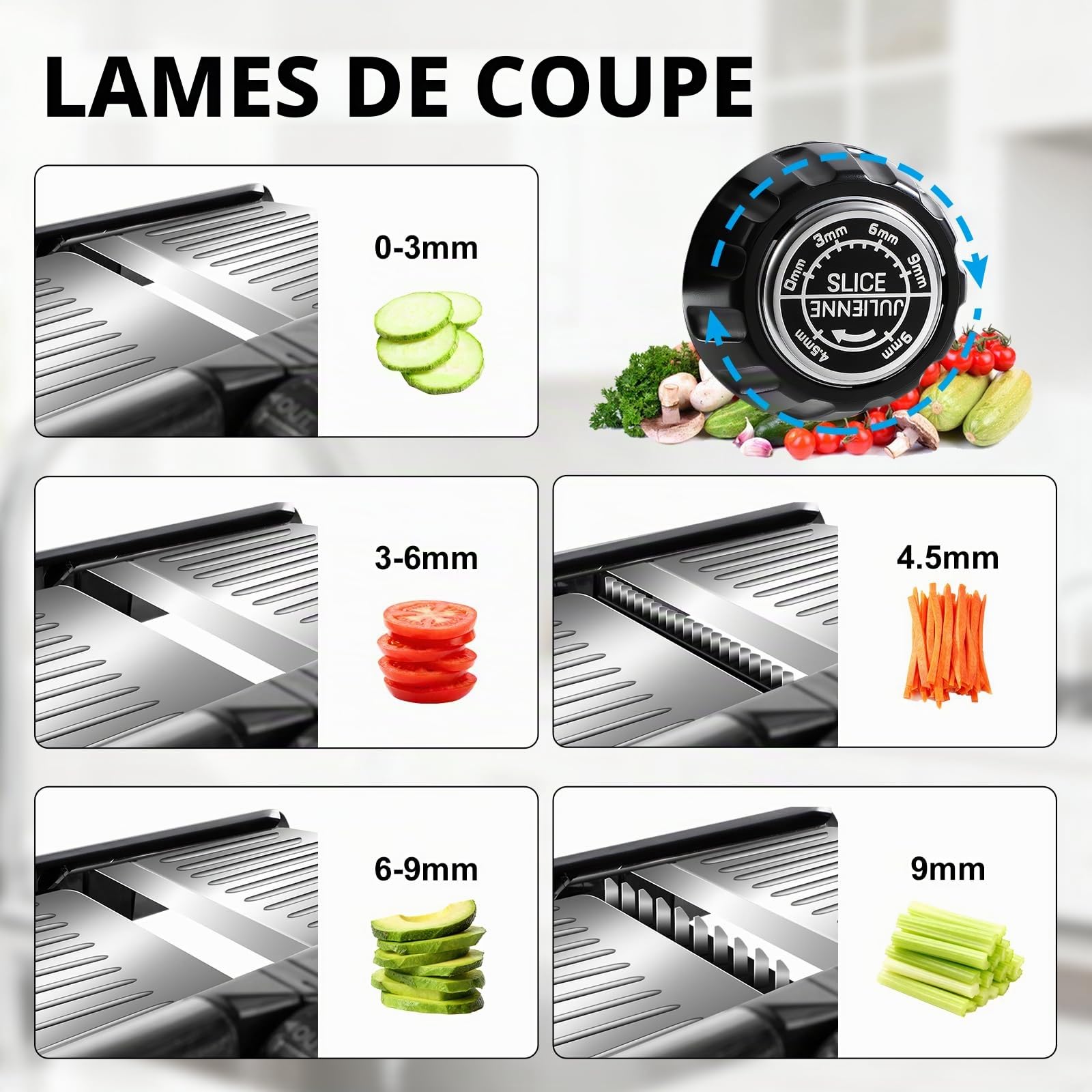 Masthome Mandoline Cuisine Professionnelle Inox, 10 modes de coupe | 10 en1 (tranches 3/6/9mm, julienne 4.5/9mm), 2 lames pivotantes, gants anti-coupure, protège-main et brosse.