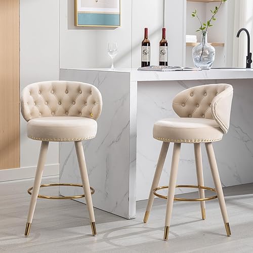 Miniatura 8 de Juego de 2 taburetes de bar de terciopelo, taburetes de bar de altura de mostrador, taburetes de bar de madera retro con respaldo y reposapiés,