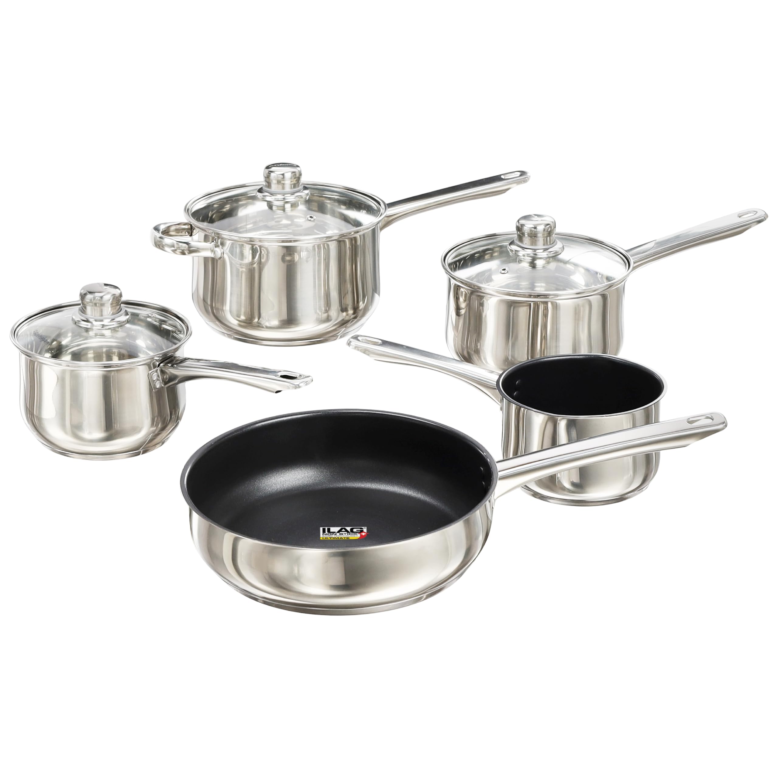Buckingham 5 Piece Pan Set Stainless Steel Saucepans 2, 2.8, 3.8 litres with Tempered Glass Lid Non-Stick Coating Frying Pan 3.2 litres & Milk Pan 1.3 litres Induction Hob Compatible Kitchen Set