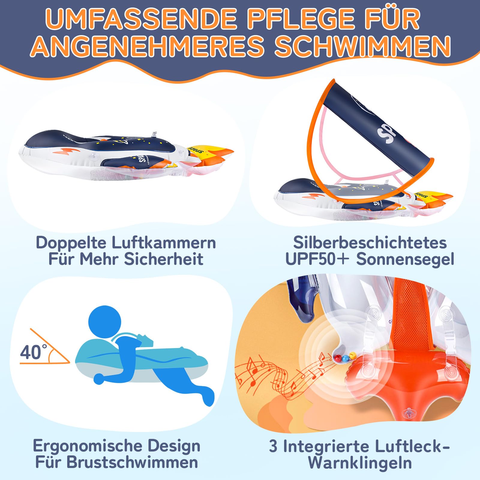 IEEILULU Schwimmring Baby, Baby Schwimmreifen mit Abnehmbarem Sonnenschutz und Sicherheitssitz, Schwimmreifen Wasserspielzeug für Pool, Strand und Schwimmbad ab 6 Monaten