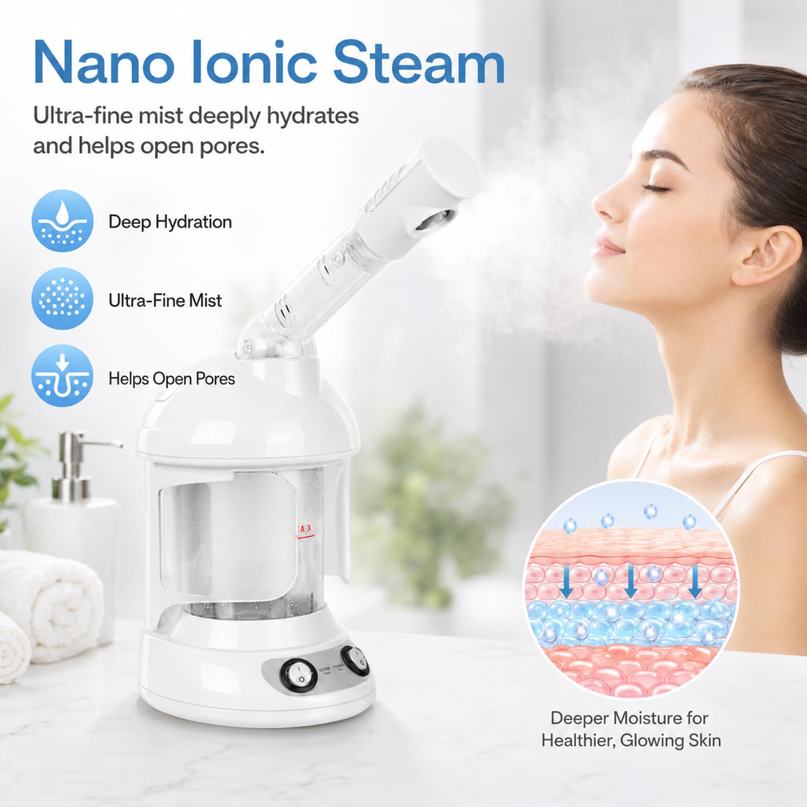 Vaporizzatore per il viso, sauna facciale nano ionico, umidificatore caldo, vapore viso caldo, vapore viso per spa, sauna domestica o salone, spray girevole a 360°