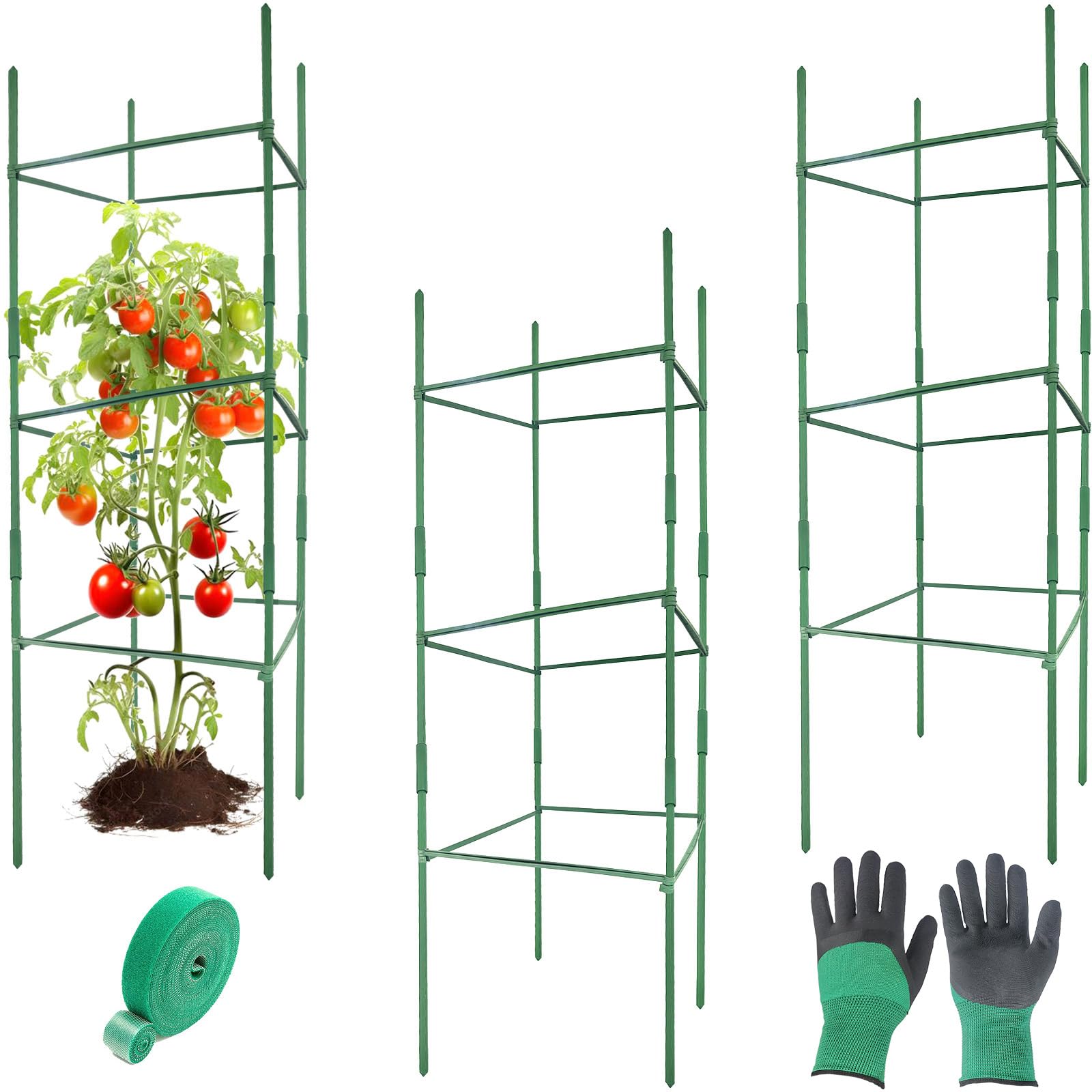 3Pack 45cm Width Up to 120cm Height Adjustable Square Tomato Cages for Garden, Plant Support Stakes for Climbing Vegetable, Tomatoe, Flower, With Twist Ties Snap-On Stake Arms