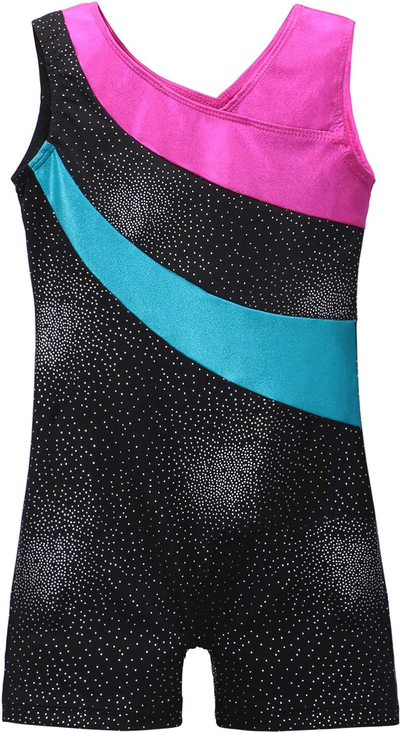 Leotards for Girls Gymnastics with Shorts Sparkle Butterfly Flowers Pattern Sleeveless Biketards Hotpink Black