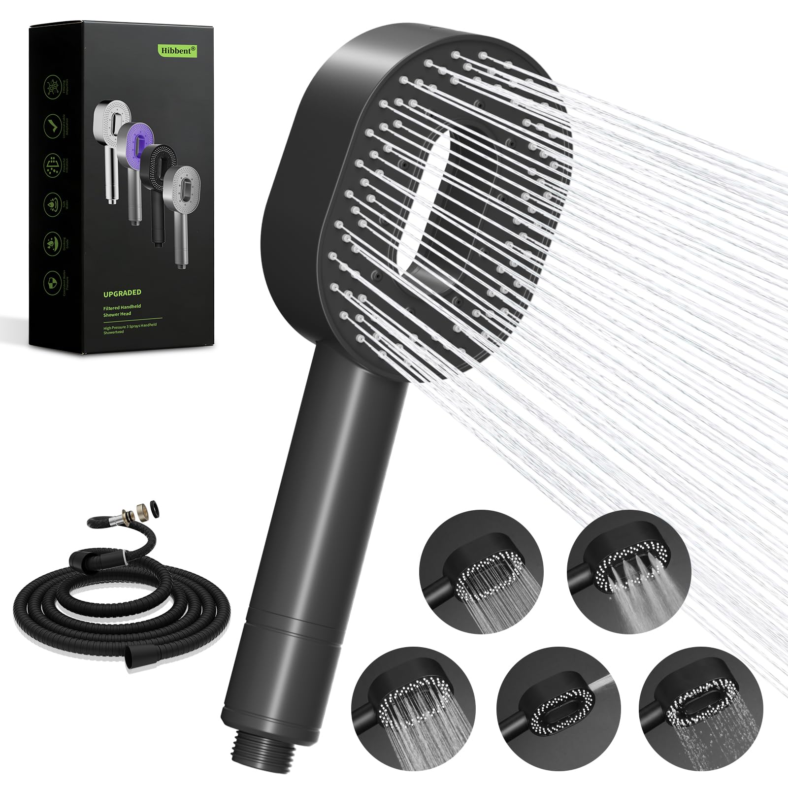 Hibbent Handheld Shower Head and Hose with 20 Stage Water Filter, 5 Spray Jet Modes High Pressure Shower Head and 1.5m Hose, Massage Shower Filter for Residual Chlorine Remove, Black