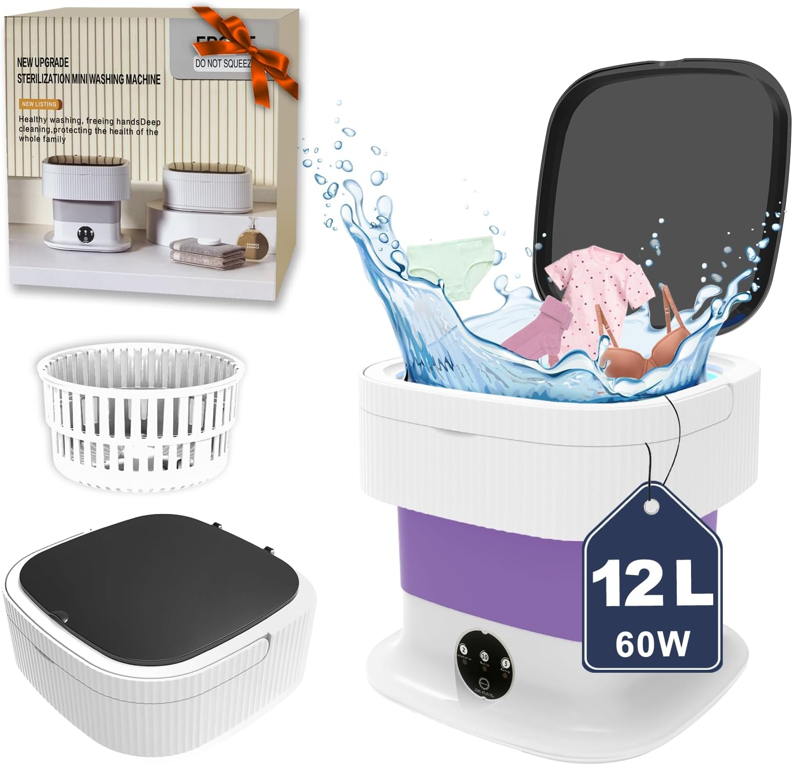 Portable Washing Machine, 60W Mini Washer and Dryer, 12L Folding Lavadora Portatil with Spin,Collapsible Small Compact Clothes Laundry for Underwear, Baby Clothes, Socks(Purple)