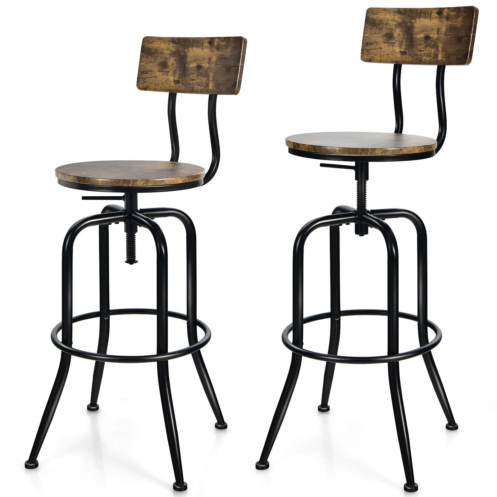 GIANTEX Lot de 2 Tabourets de Bar, Chaises de Bar Hautes Industrielles Pivotant avec Siège Réglable, Dossier et Repose-Pieds en Arc, pour Cuisine, Café, Pub, Bistrot, Marron Rustique + Noir