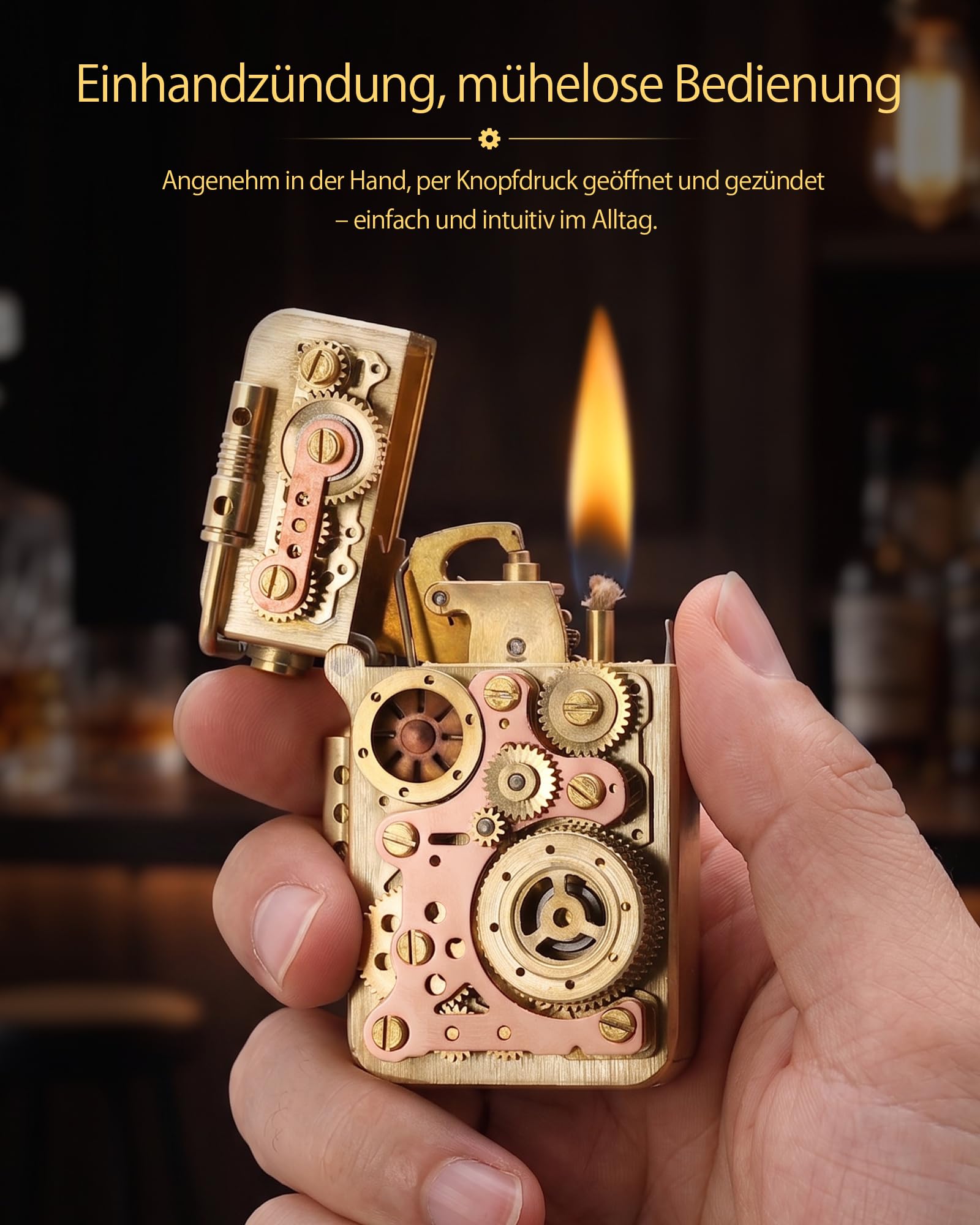 Einzigartiges Retro Soft-Flame Kupfer Mechanisches Kerosin Feuerzeug Automatische Zündung Nachfüllbar Steampunk Schaltgestänge Sicherheitsschloss Luxus Komplex Sammlerstück Geschenk für Freund Thorens | Einzigartige automatische Zündung, nachfüllbares Ste