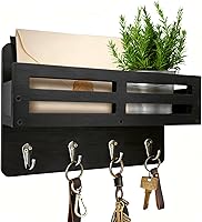 KISENG Rustic Wooden Key Holder Wall Mount with Mail Organizer, 4 Hooks, Farmhouse Entryway Rack for Keys, Leashes, Sunglasses - Black, 10 Inch