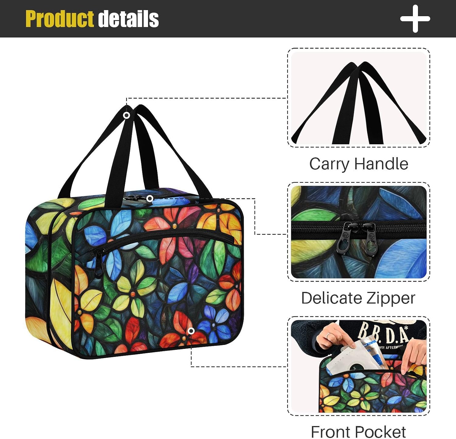Colored Glass Flowers Hanging Toiletry Bag for Men Travel with Hook, Designer Chic Cosmetic Bag for Cruise Travel Vacation bolso para maquillaje de Mujer, Colored Glass Flowers, M, casual image 4