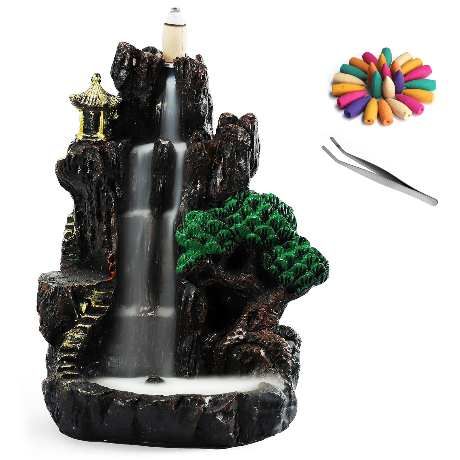 PUEALMINE Incense Holder, Resin Backflow Incense burner with 120PCS Incense Cones,Tabletop Incense Waterfall for Moods,Reading,Yoga and SPA