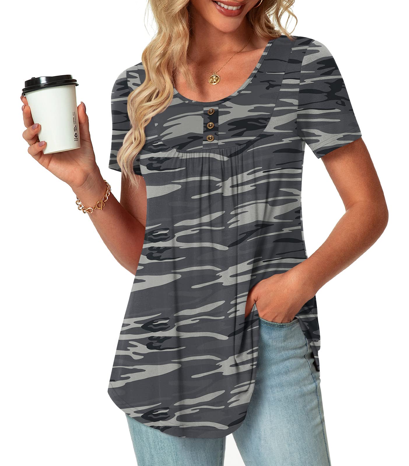 POPYOUNG Summer Womens Tunic Tops Loose Fit dressy Casual Short Sleeve Shirts to wear with Leggings