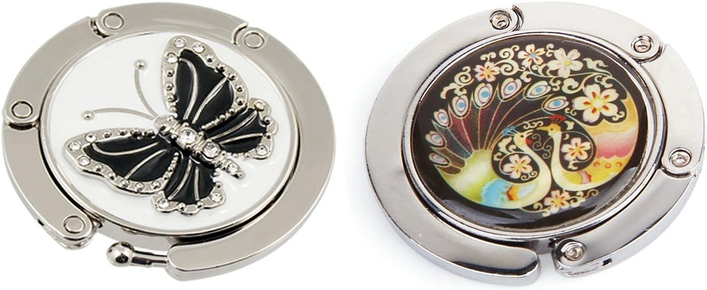Portable Magnetic Purse Hook Table for Hanging Handbag Tote Peacock Butterfly Decor, 2 Pieces