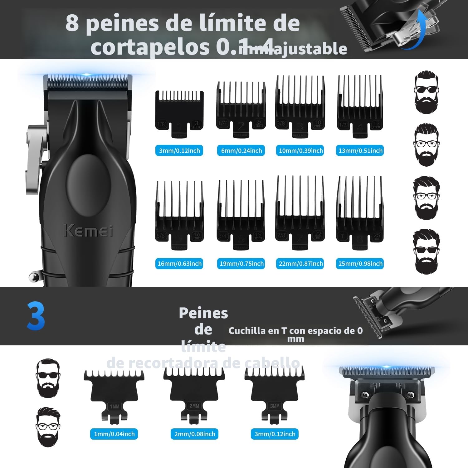KEMEI Maquina de Cortar Pelo Hombre, Inalámbrico Cortapelos, Recortador de Barba con Hoja en T DLC, Afeitadora de Láminas, Kit de Afeitado y Corte de Pelo Eléctrico con 11 Guías
