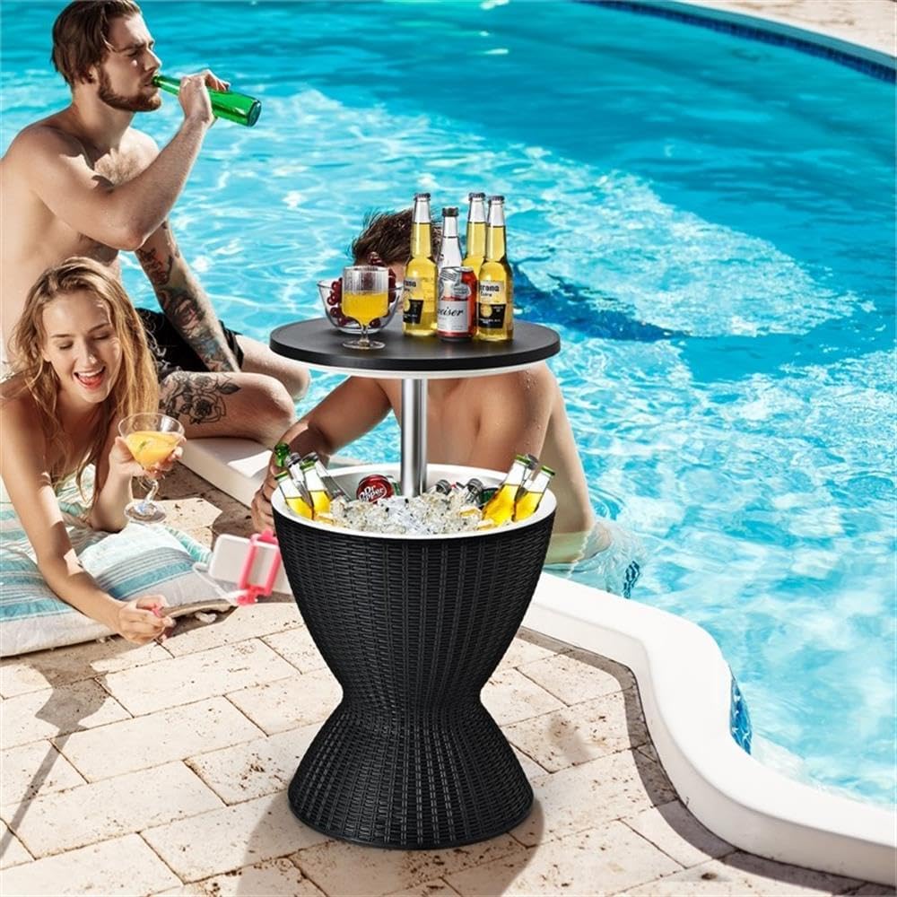 Pemberly Row 8 Gallon 3-in-1 Rattan Cooler Bar Table, Adjustable Height, Ice Bucket Storage, Black Finish, Outdoor Patio or Home Bar Use