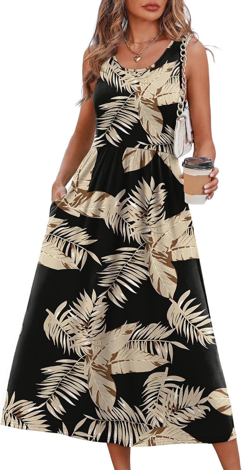 WIHOLL Summer Dresses for Women Flowy Casual Midi Dress Beach Vacation Sundresses with Pockets