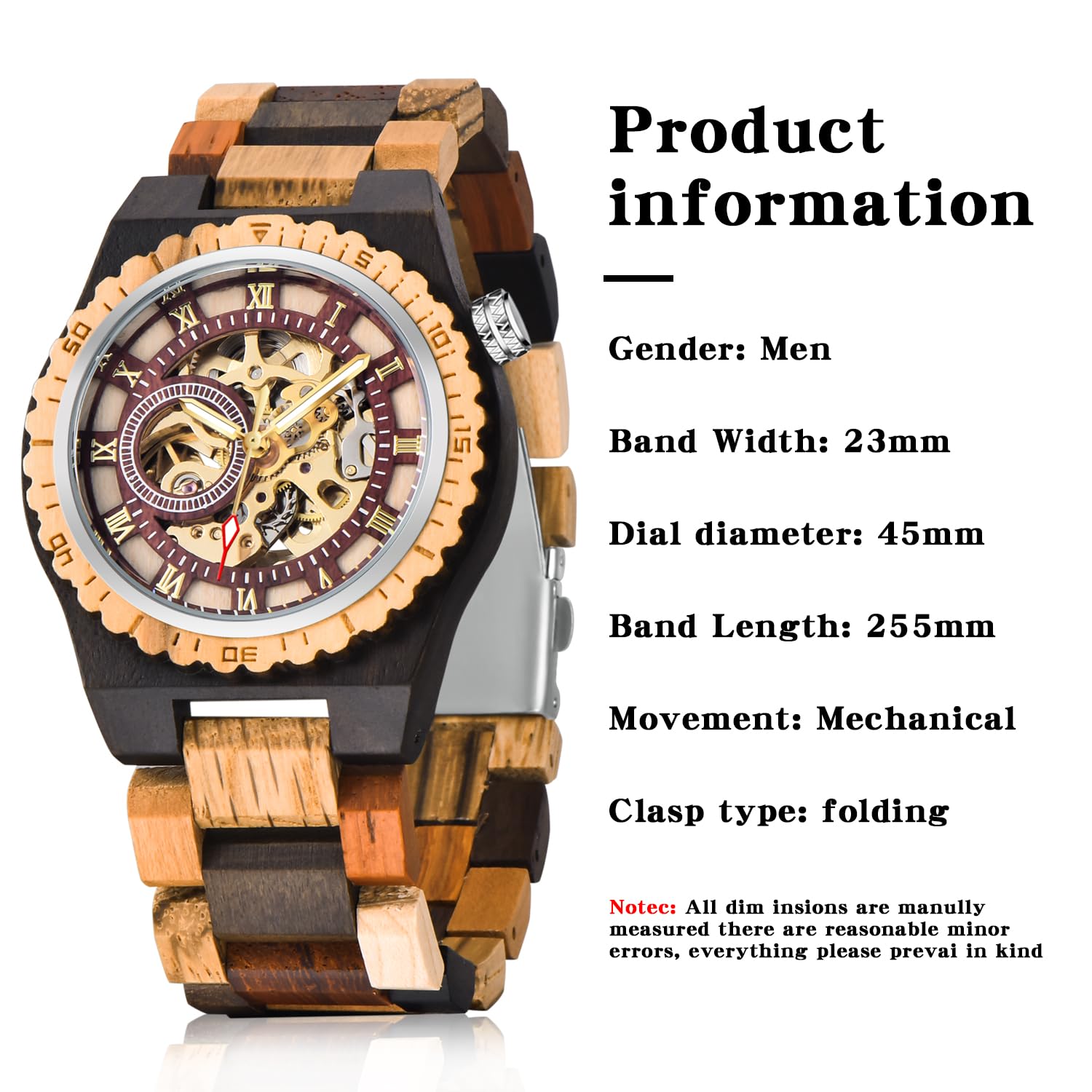 Tiong Mechanische Sportuhr aus Holz, hohles digitales Zifferblatt, Holzarmband mit leuchtenden Zeigern, mechanische Herrenuhr，Geschenke für Männer