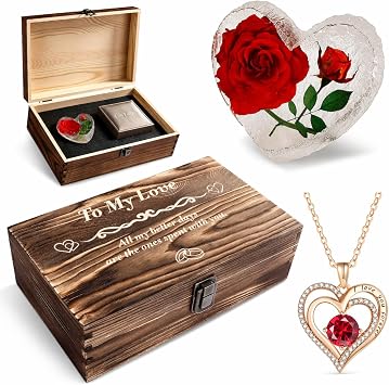SKPAND Gift for Wife for Anniversary and Birthday, Wooden Keepsake Box with Crystal Rose and Heart Necklace, Romantic Gift from Husband red