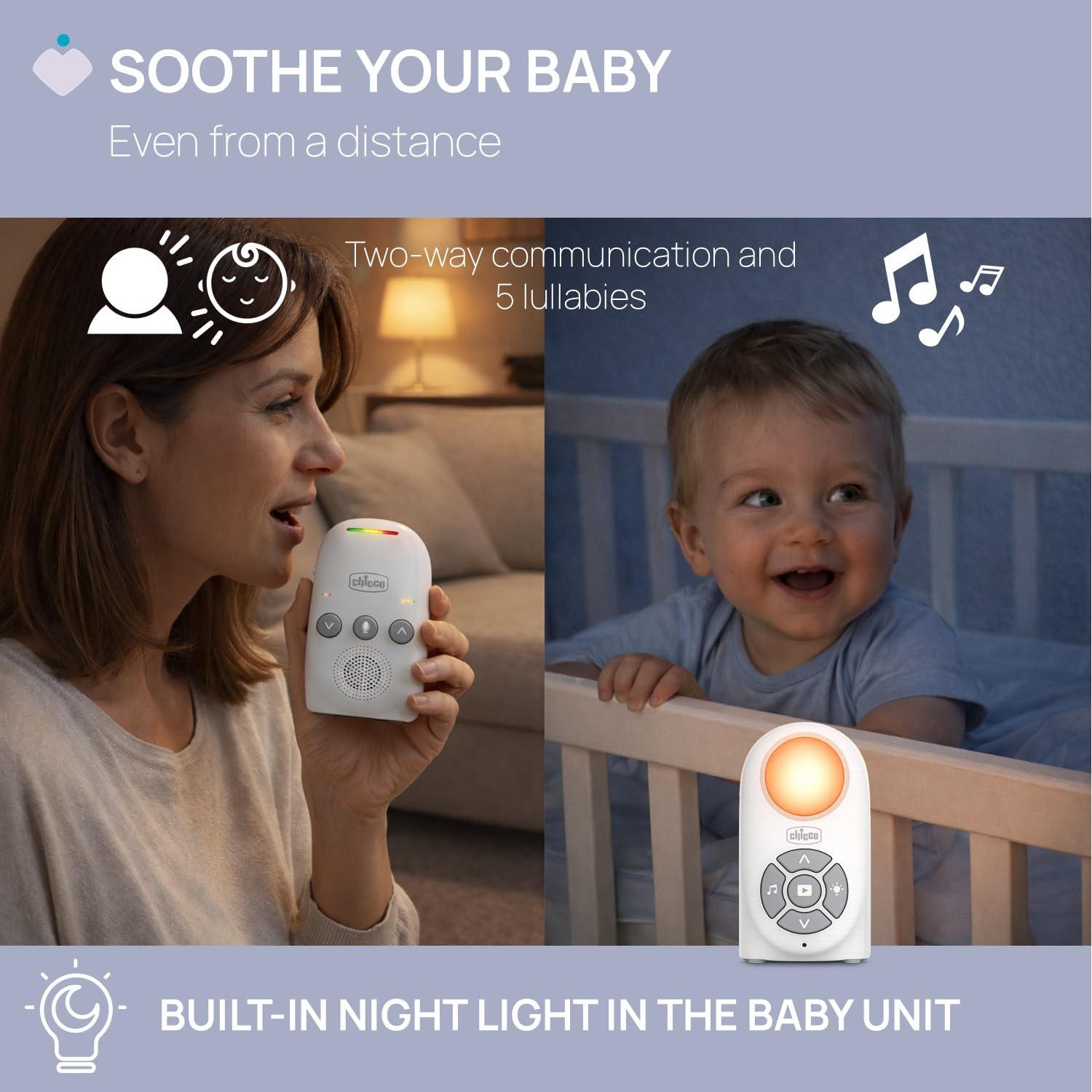 Chicco Audio Monitor para Bebés Digital con Tecnología DECT, Conexión Segura y Anti-Interferencias, Comunicación Bidireccional, 5 Canciones de Cuna, Modo VOX de Ahorro Energético
