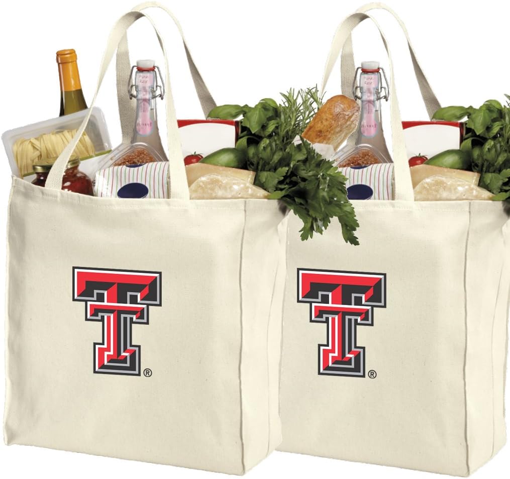 Broad Bay Texas Tech Shopping Bags or TTU Grocery Bag 2Pc Set Natural Cotton Canvas