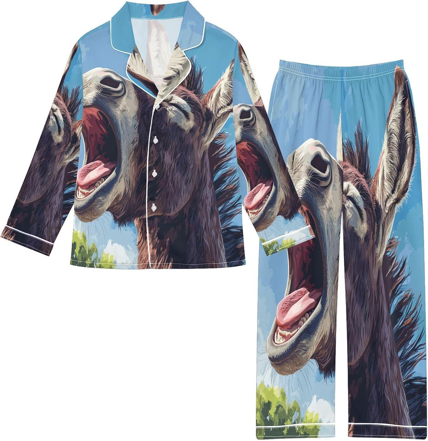Button Up Satin Pajamas Set Donkey Laugh Animal Novelty Long Sleeve Sleepwear 2 Piece Pjs Set 5-14 Years