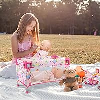 Vista 5 de Cuna de muñeca de bebé de juguete para muñecas de 18 pulgadas, bonita cama de muñeca con diseño de corazón rosa con bolsa de transporte, muebles