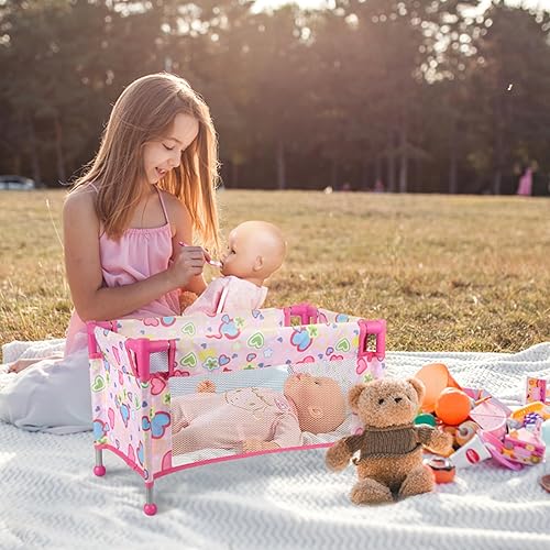 Miniatura 5 de Cuna de muñeca de bebé de juguete para muñecas de 18 pulgadas, bonita cama de muñeca con diseño de corazón rosa con bolsa de transporte, muebles de