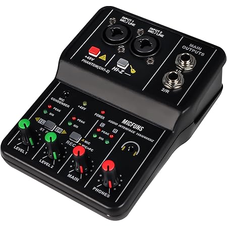 Mini console de mixage audio DJ à 2 canaux avec alimentation fantôme 48 V Combo Jack Microphone/guitare XLR + 6,35 mm, stéréo 3,5 mm, prise casque pour spectacle en direct en studio