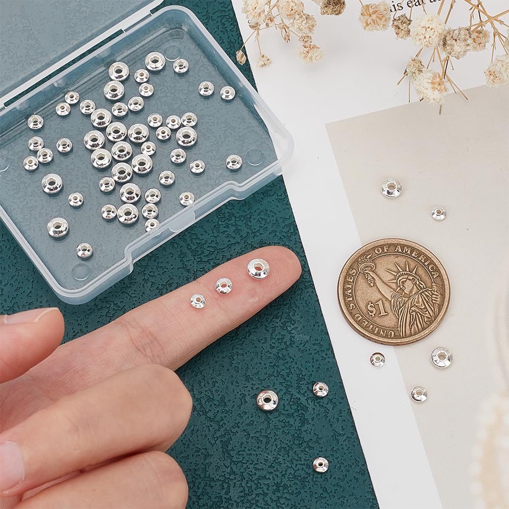 PH PandaHall 60pcs 925 Sterling Silver Spacer Beads, 3 Sizes Flat Round Rondelle Slice Beads 3/4/5x2mm Disc Beads Metal Large Hole Beads for DIY Jewelry Earrings Bracelets Necklace Crafts Making