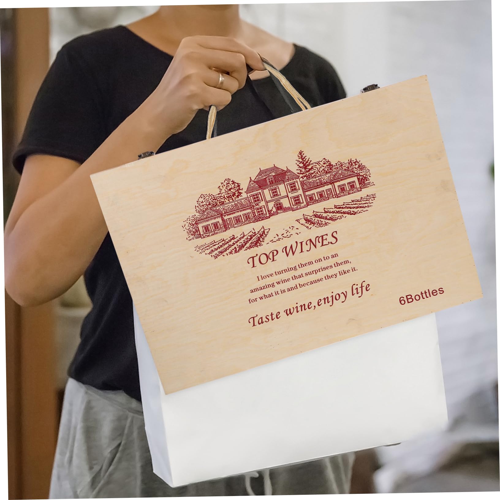 Caja de Madera para Embalaje de Vino de 6 Botellas con Tapa