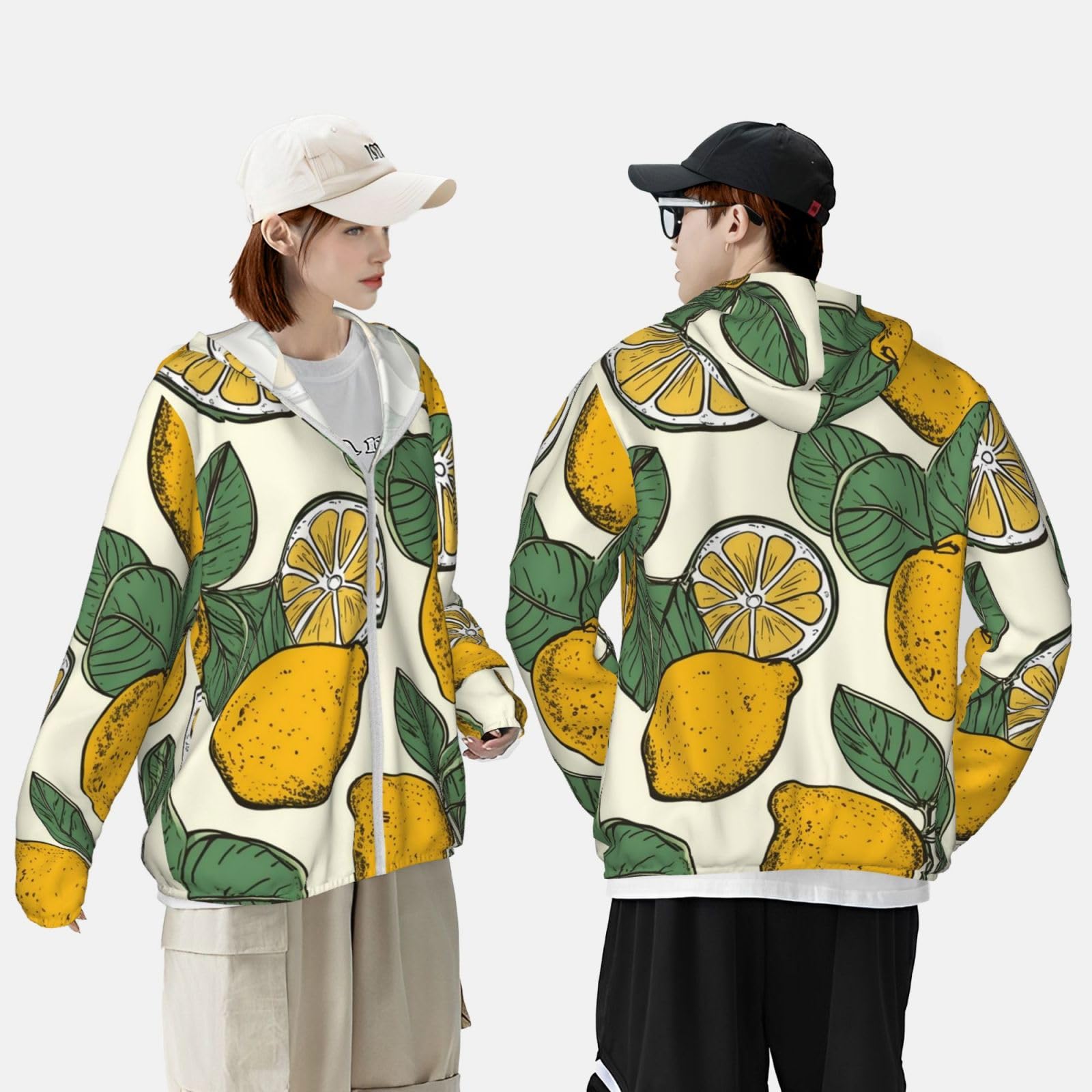 NONHAI Men's Sun Protection Jacket UPF 50+ Full Zipper Long Sleeve UV Hoodie Shirt Lemon Fruit Pattern Women's Outdoor Jacket