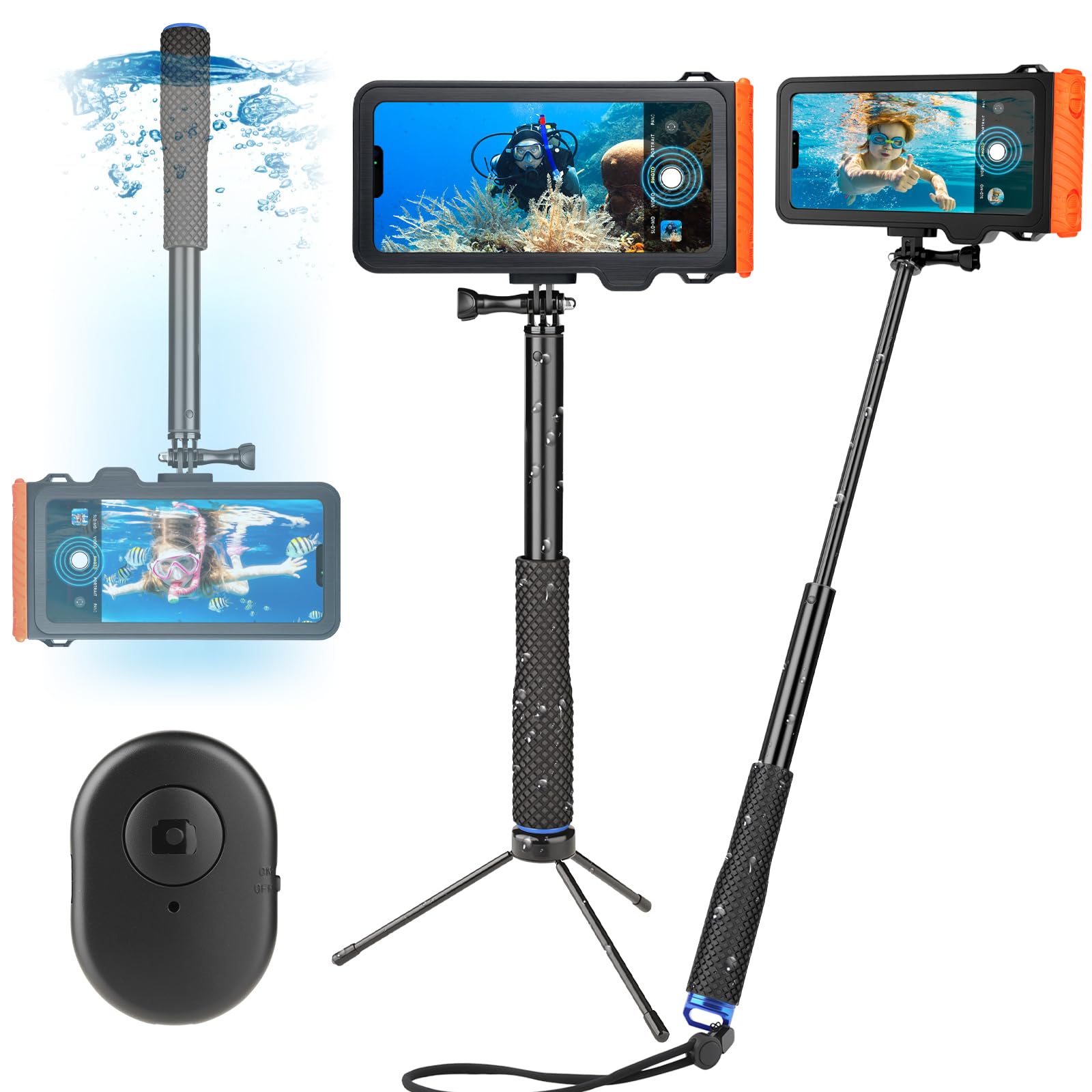 ShellBox wasserdichte Selfie Stick with wasserdichte Handyhülle Set Unterwasser Wasserfeste Handyhülle Schwimmen Baden Tauchen Surfen Bootfahren Compatible iPhone 16e 16 15 14 13 Pro Max Samsung S25