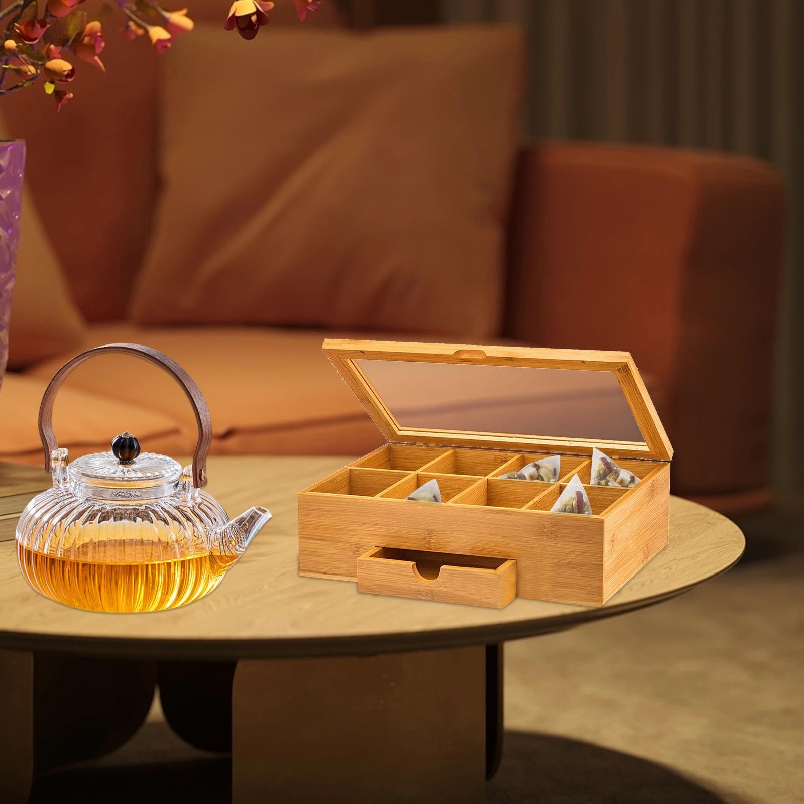 Aufbewahrungsbox für natürliche Teebeutel | Tee-Organizer aus Holz mit | transparenter Acryl-Oberseite und separaten Fächern zur Aufbewahrung von Teebeuteln, Kräutern, Snacks und Medikamenten