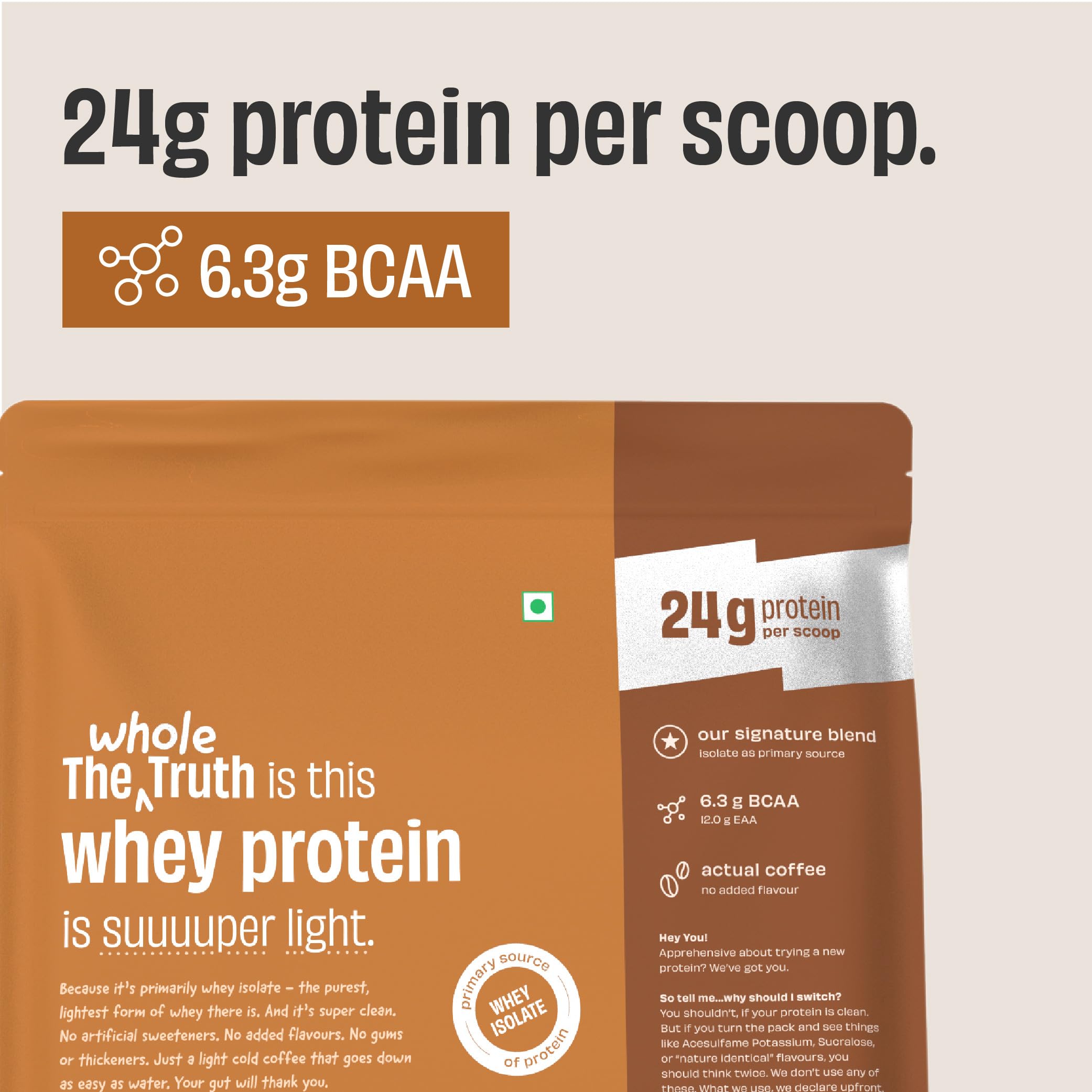 The Whole Truth Whey Protein Isolate + Concentrate Blend | Cold Coffee | 500g (1.1 lbs) | 24g Protein | 6.3g BCAA — Amazon image 2