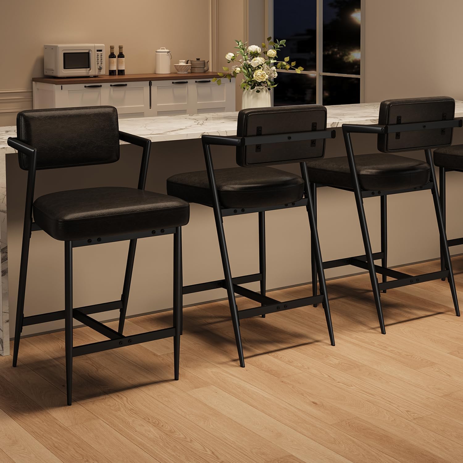 Upholstered Bar Stools with Armrests & Backrest – Counter Height Chairs with Thick Cushion & Sturdy Metal Legs – Footrest Support – Ideal for Kitchen Island & Bar – Rustic Black, Set of 4 (2 Sets)