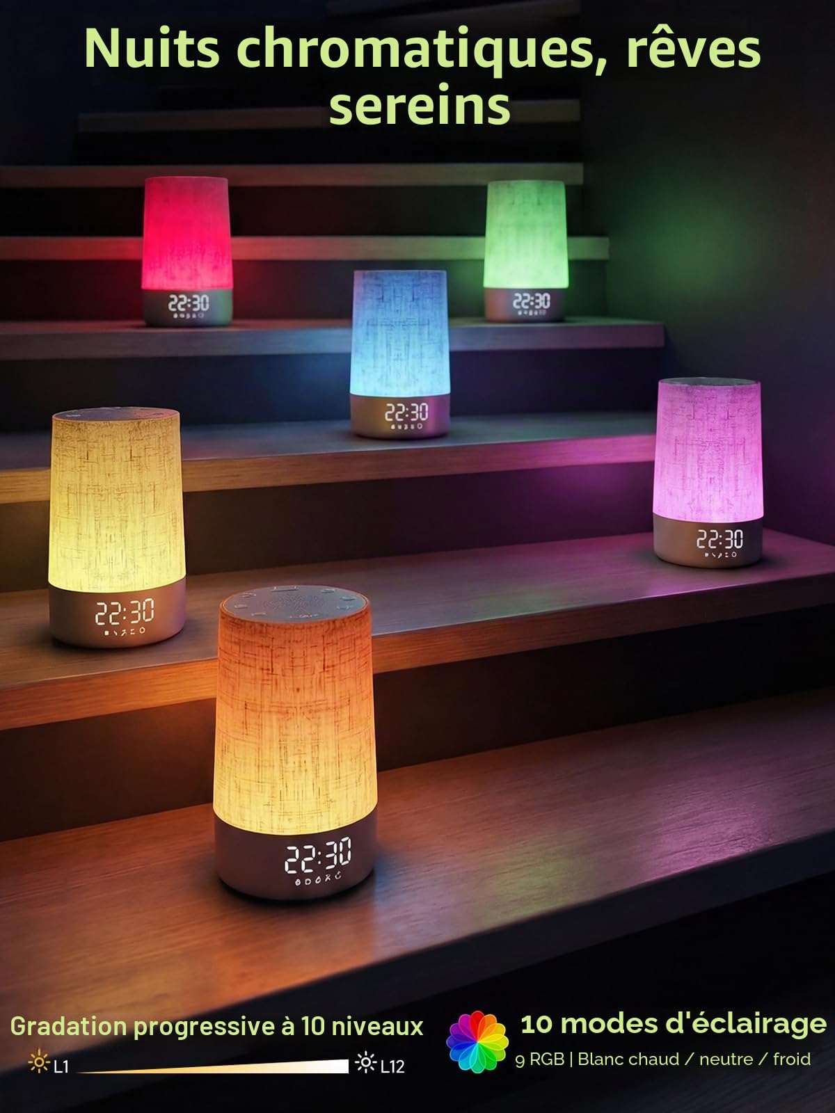 Réveil Lumineux Simulateur d'Aube, Lampe de Reveil avec 30 Sons pour Dormir, LED Lampe de Chevet à Intensité Variable, Fonction Charge, Snooze, Minuteur, 13 Niveaux de Luminosité, pour Chambre