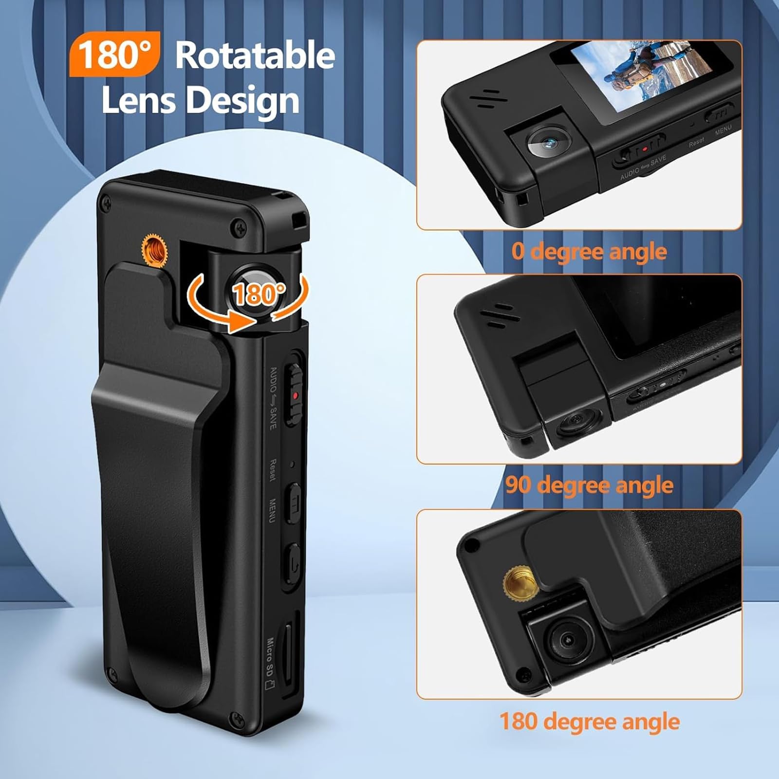 Caméra Corporelle A32 64Go, Appareil Photo Portable avec Objectif Rotatif à 180° et Détection de Mouvement, Caméscope 1080p avec Enregistrement Audio Vidéo pour Sports de Plein air, Police
