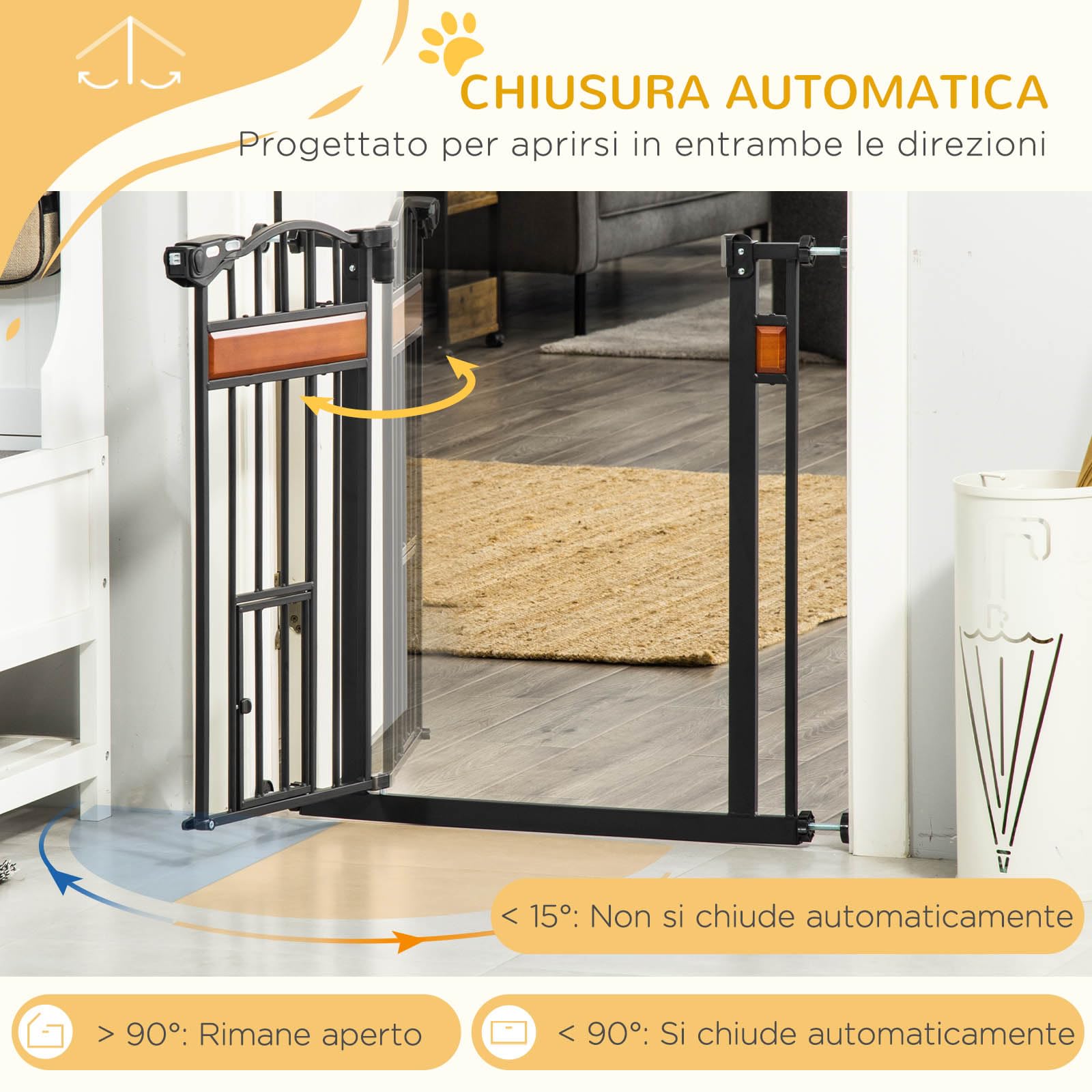 Pawhut Puerta para perros con fijación a presión, barrera de seguridad extensible de 74-80 cm, con cierre automático, negro