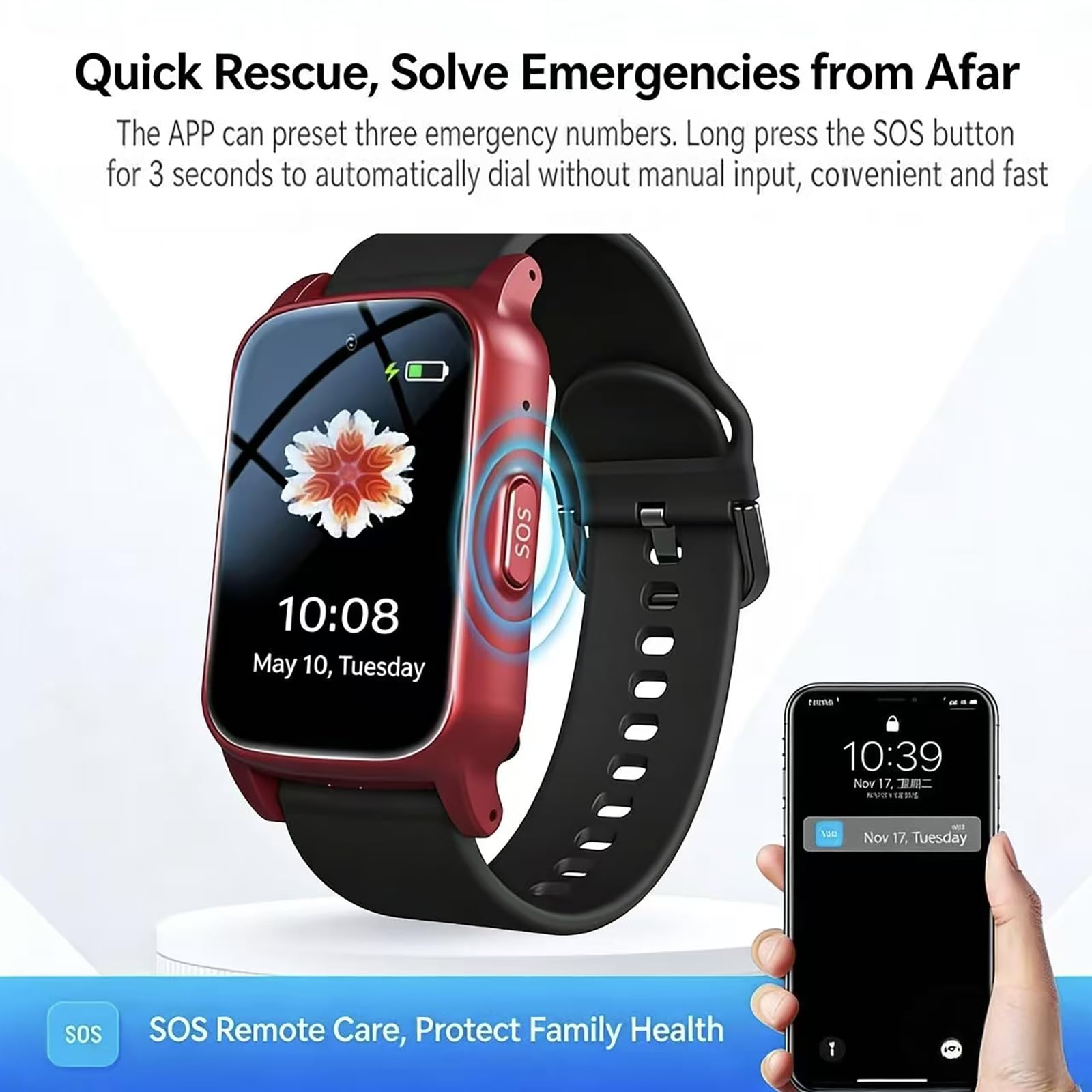 Montre connectée pour seniors, avec détection des chutes, alerte de chute, traceur GPS, étanche IP67, précision de localisation de 5 à 15 mètres pour les patients et les personnes âgées (Rouge)