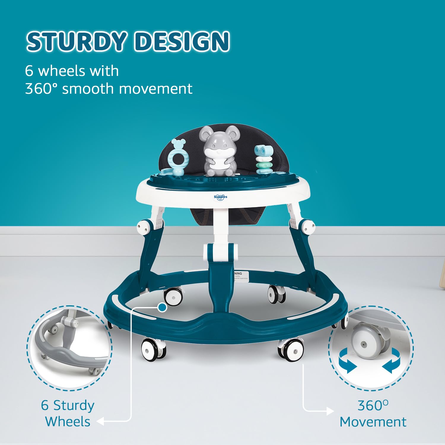 Amazon Brand - Supples Baby Walker (Musical) | Kids Walker with Toys | Baby Walkers for Boys & Girls 9+ Months | Adjustable Height Walker with RGB Lights | Sea Green & White - Image 4 thumbnail