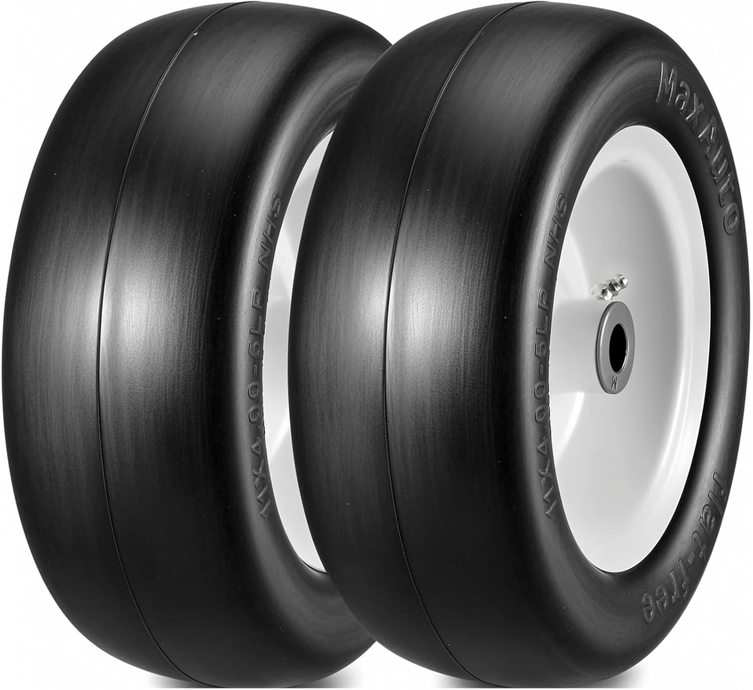MaxAuto 11x4.00-5 Lawn Mower Tires Flat Free, Smooth 11x4 5nhs Zero Turn Front Wheels and Tire, 3/4" Bushings, 3" -3.5"-4"-4.5" Centered Hub, 350lbs Capacity, 2 Pack