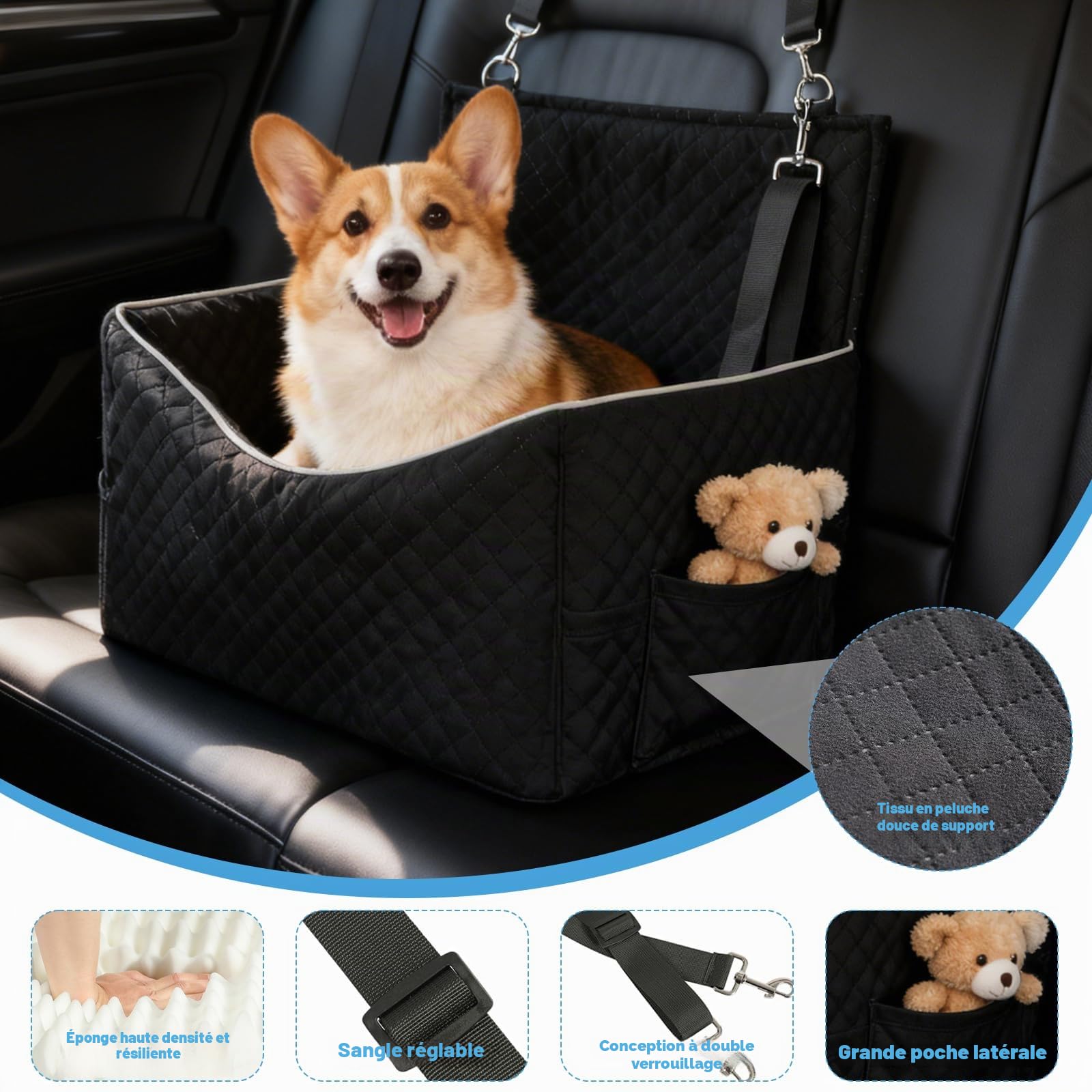 Siège Auto pour Chien de Petite et Moyenne Taille, Siège Booster Chien | avec Rembourrage épais, Amovible et Lavable, Lit de Voyage pour Chien pour siège arrièr avec 2 Ceintures de sécurité