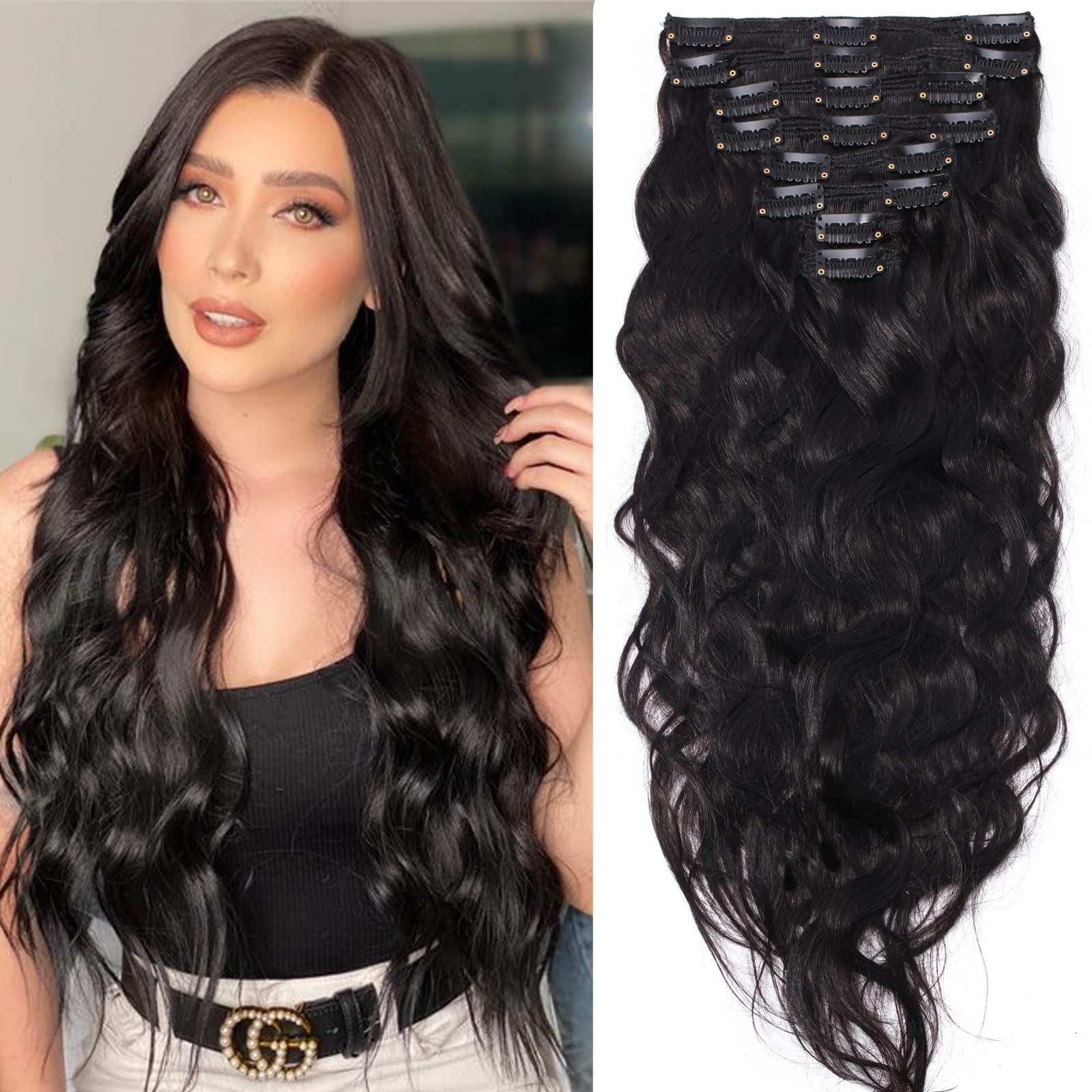Photo 1 of *USED* S-noilite Wavy Clip in Hair Extensions Real Human Hair Double Weft Thick 8 PCS Clip in Remy Hairpiece Natural Body Wave Full Head (18 Inch-140g,Natural Black (#1B))