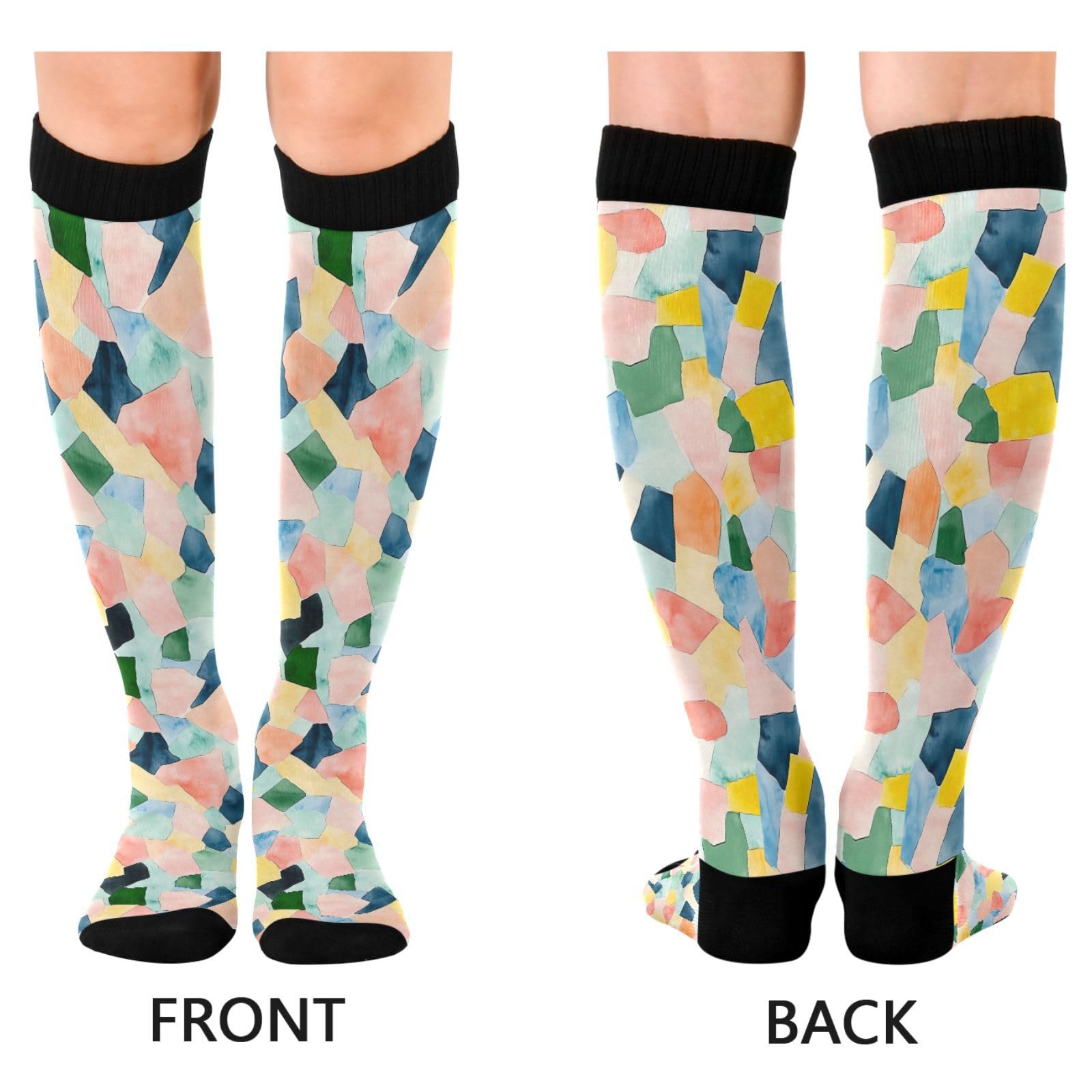 Wassud Pastel Geometric Design Compression Socks for Women and Men 20-30 mmHg Knee High Socks for Nurses Travel 2 Pair
