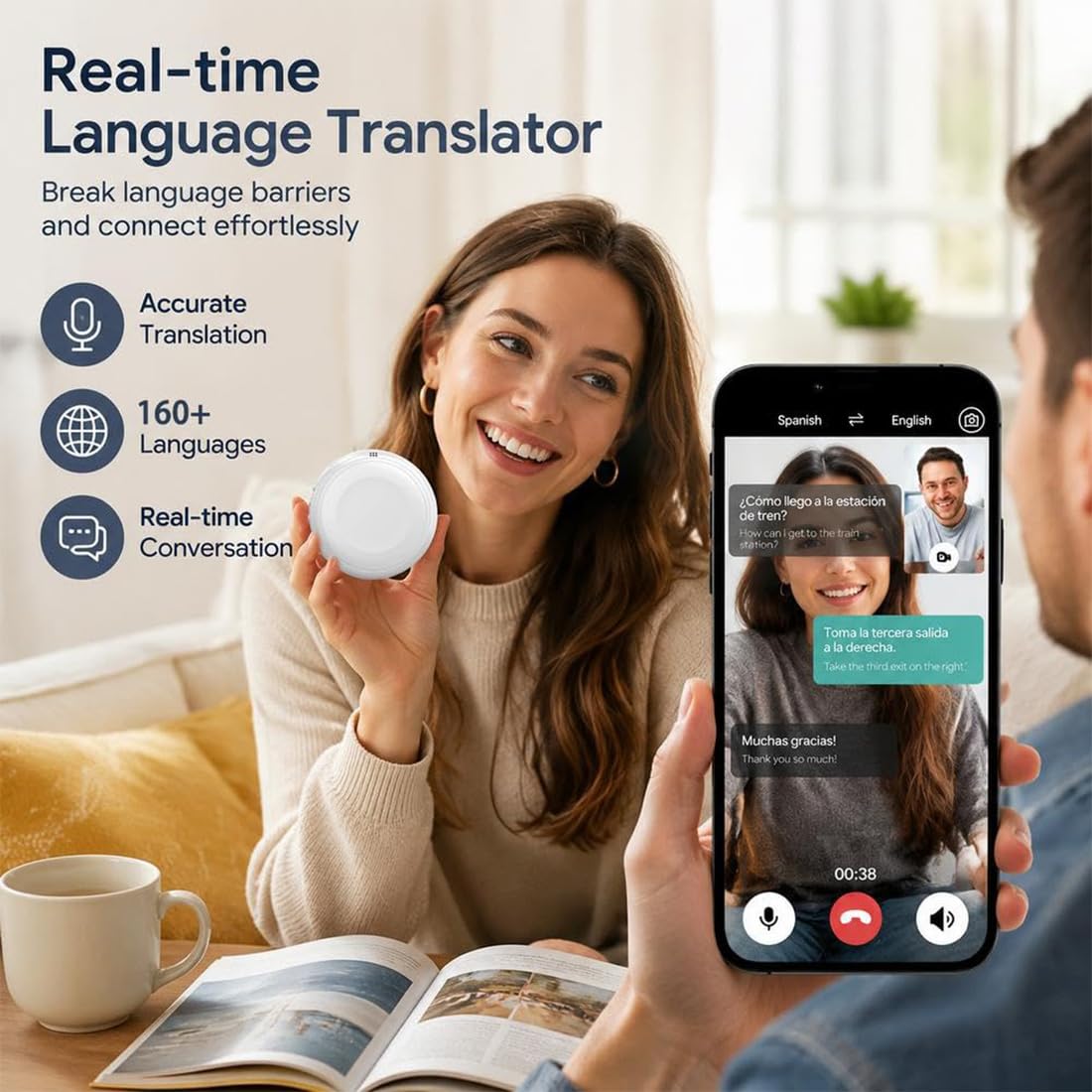 Compañero de IA para practicar idiomas en tiempo real, dispositivo traductor portátil de español, traductor de idiomas con IA 165 idiomas para practicar pronunciación, gramática y conversación (1pc)