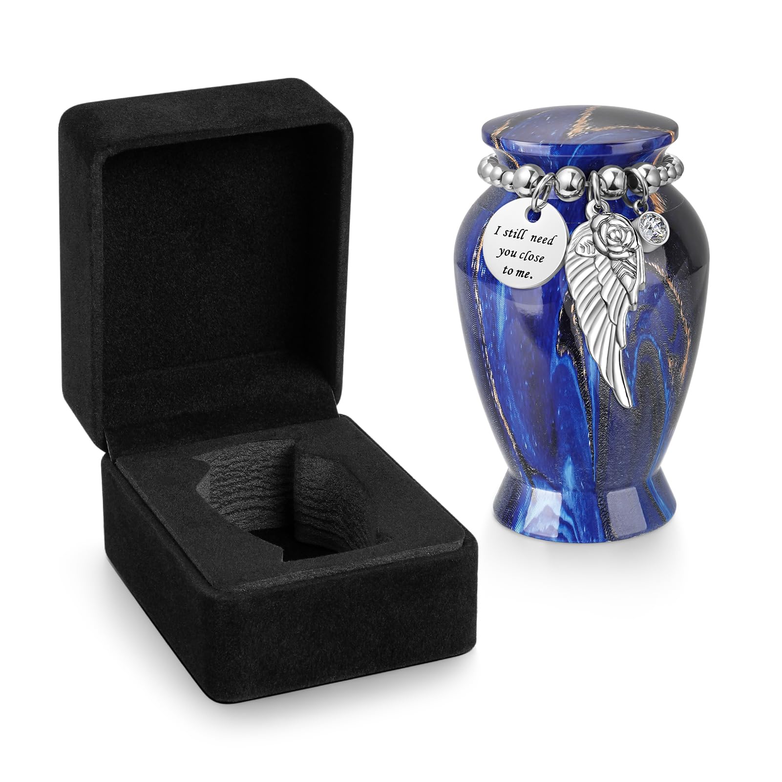 Memorials Small Urns for Human Ashes Keepsake with Case Aluminum Mini Urns for Ashes with Angel Wing Charm Decorative Burial Urn Funeral Cremation Urns for Women and Men (Deep Blue with Box)