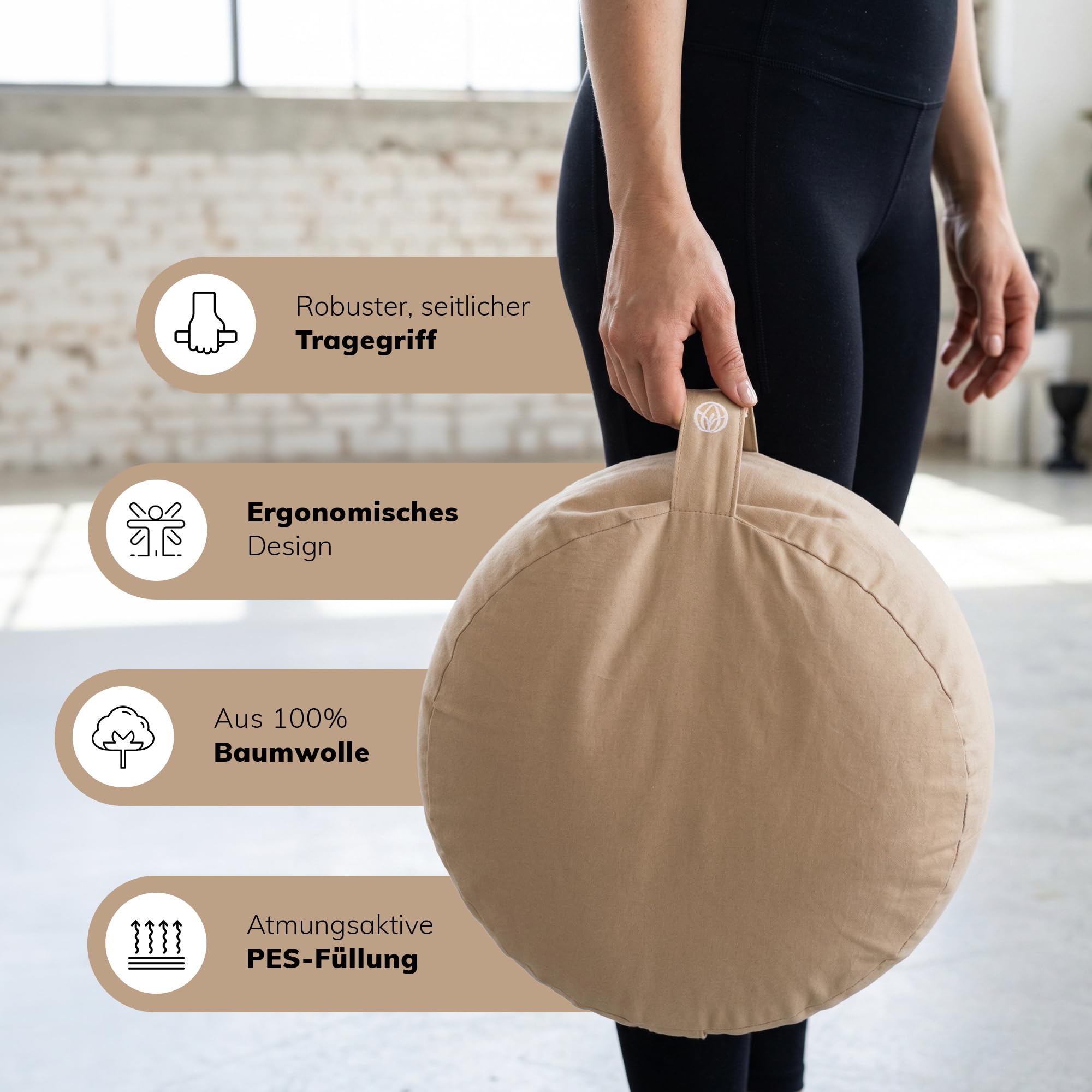 MYLILY Yogakissen Meditationskissen – Yoga Kissen rund Ø 29 cm – 10 cm flach & 255 g leicht – Sitzkissen Boden mit waschbarem Baumwoll-Bezug – vegan – Beige