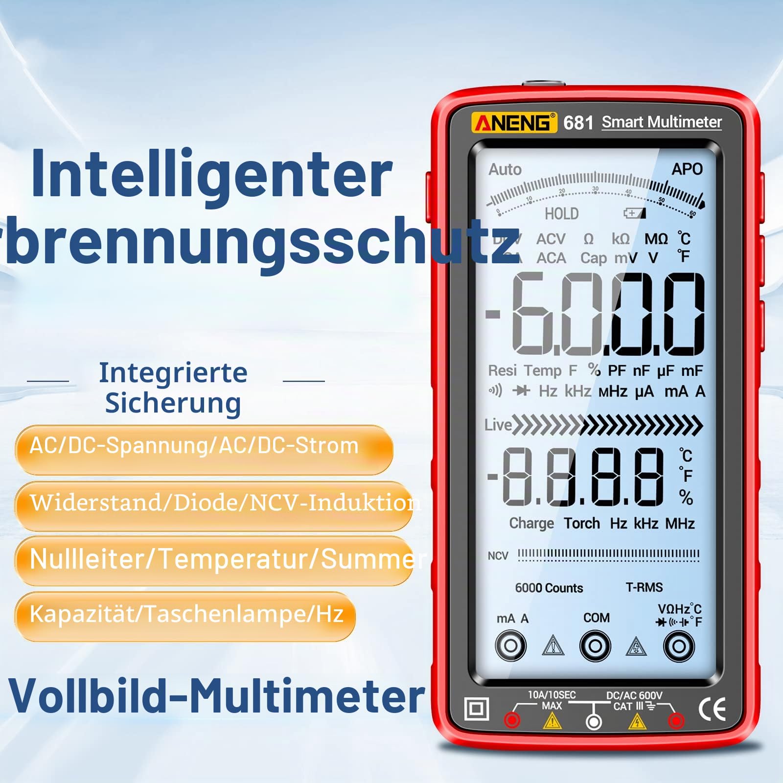Irfora 681 6000 Counts Digital Multimeter Smart Anti-Burn Wiederaufladbares Universalmessgerät NCV Tester 5 Zoll großes LCD mit hintergrundbeleuchteter Taschenlampe für Spannung, Strom, Widerstand,